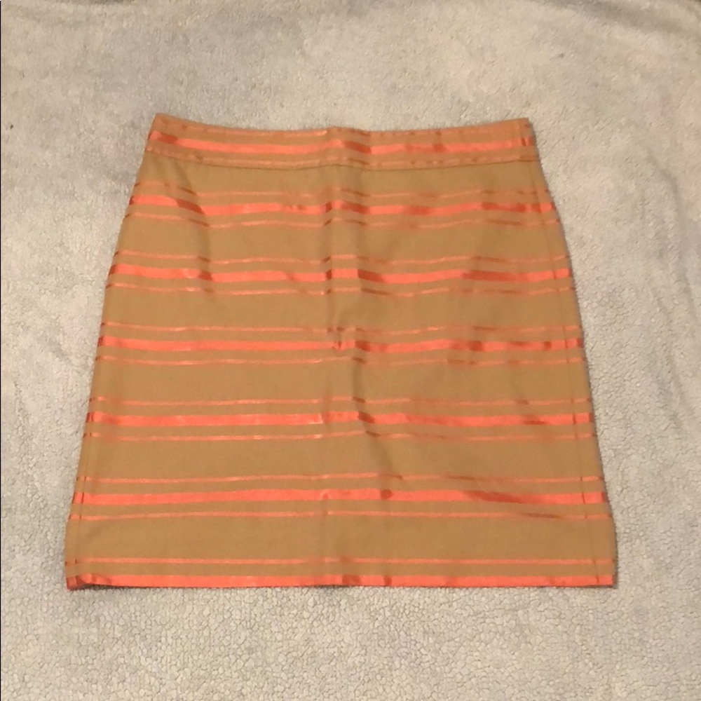 Khaki and pink striped pencil skirt.